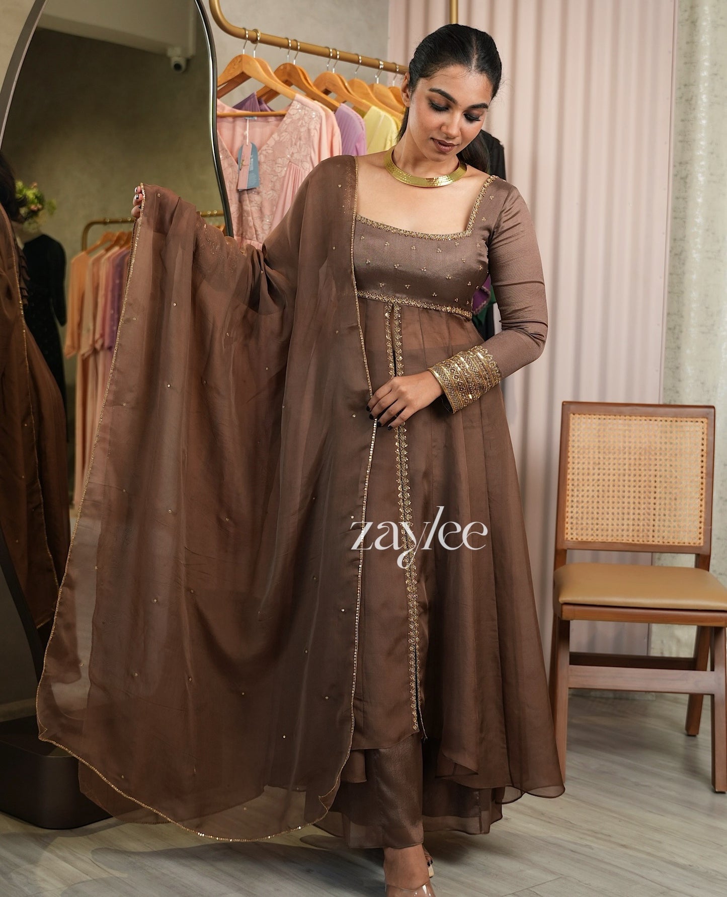 Truffle Brown Panelled Anarkali & Pants