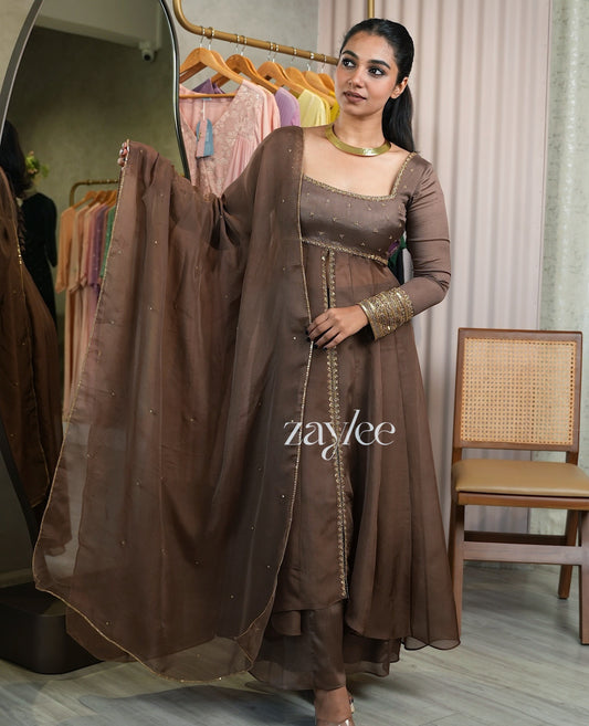 Truffle Brown Panelled Anarkali & Pants