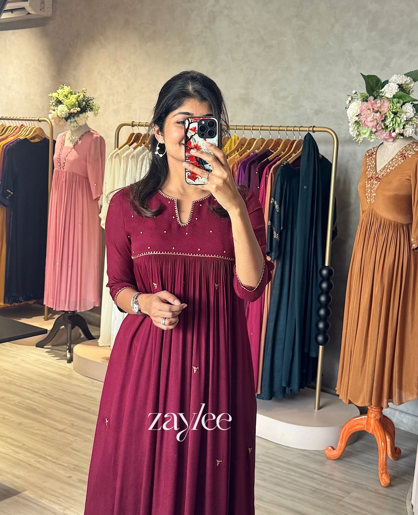 Beet Red Zari Work Gathered Kurta