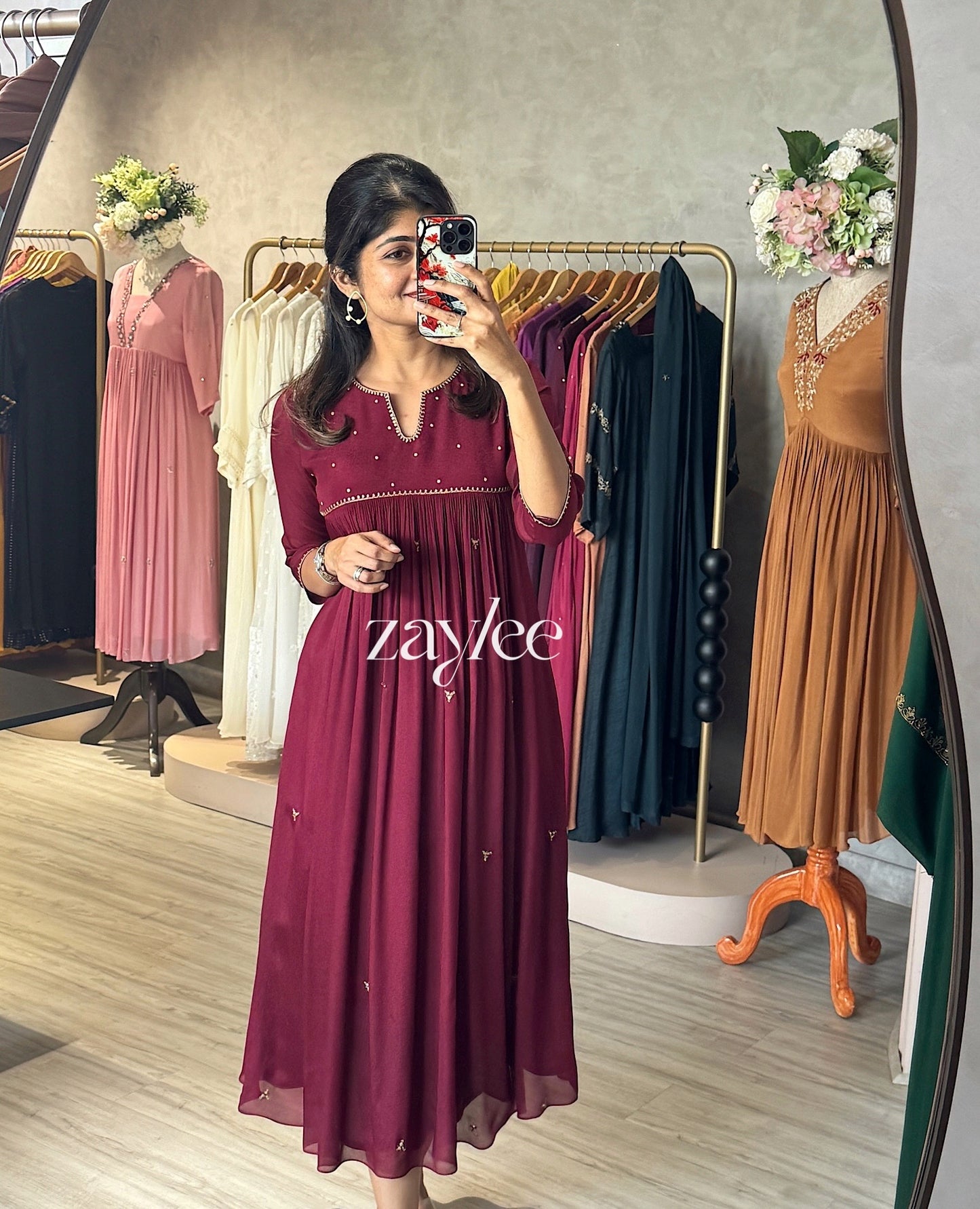 Beet Red Zari Work Gathered Kurta