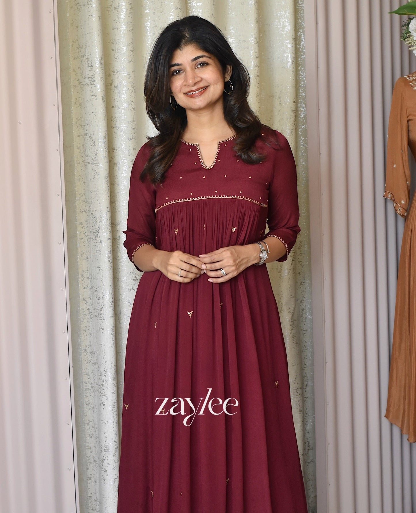 Beet Red Zari Work Gathered Kurta