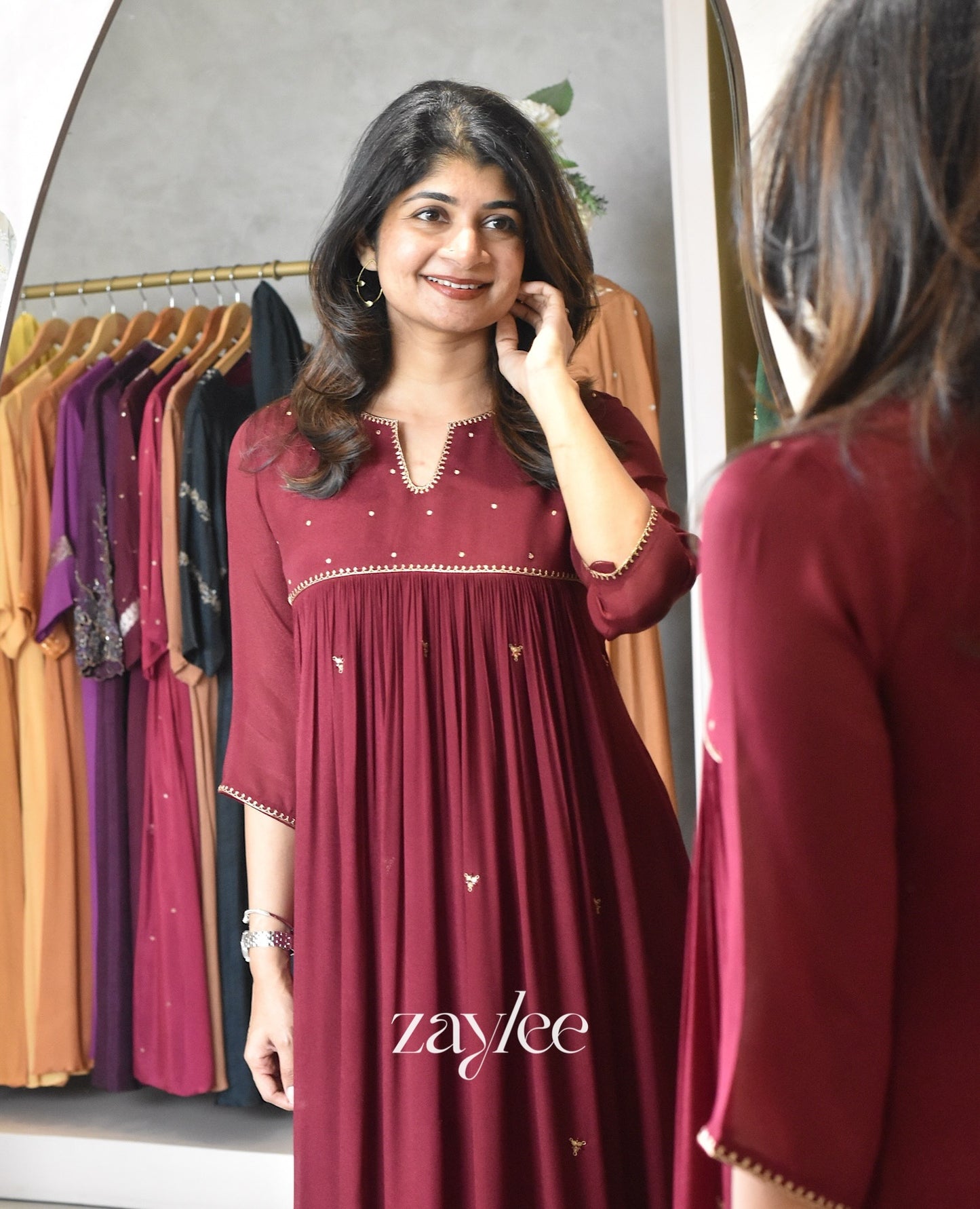 Beet Red Zari Work Gathered Kurta