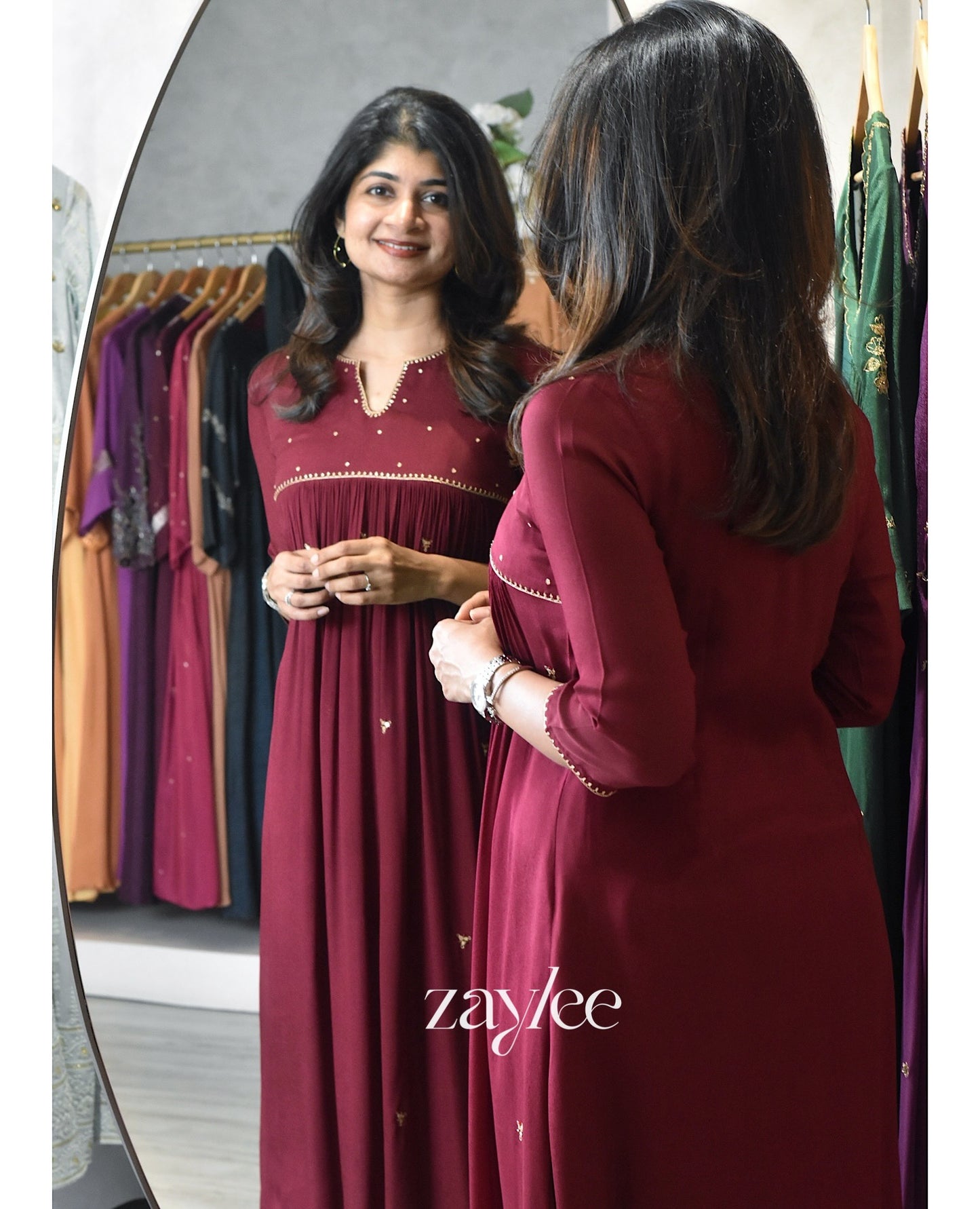 Beet Red Zari Work Gathered Kurta