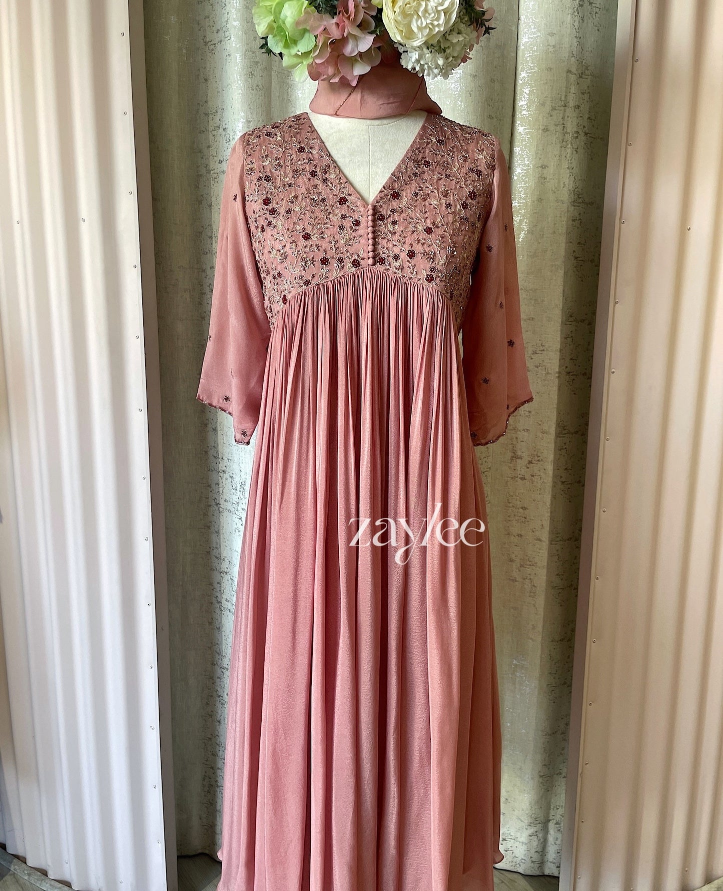 Dusty Rose Embellished Gathered Kurta