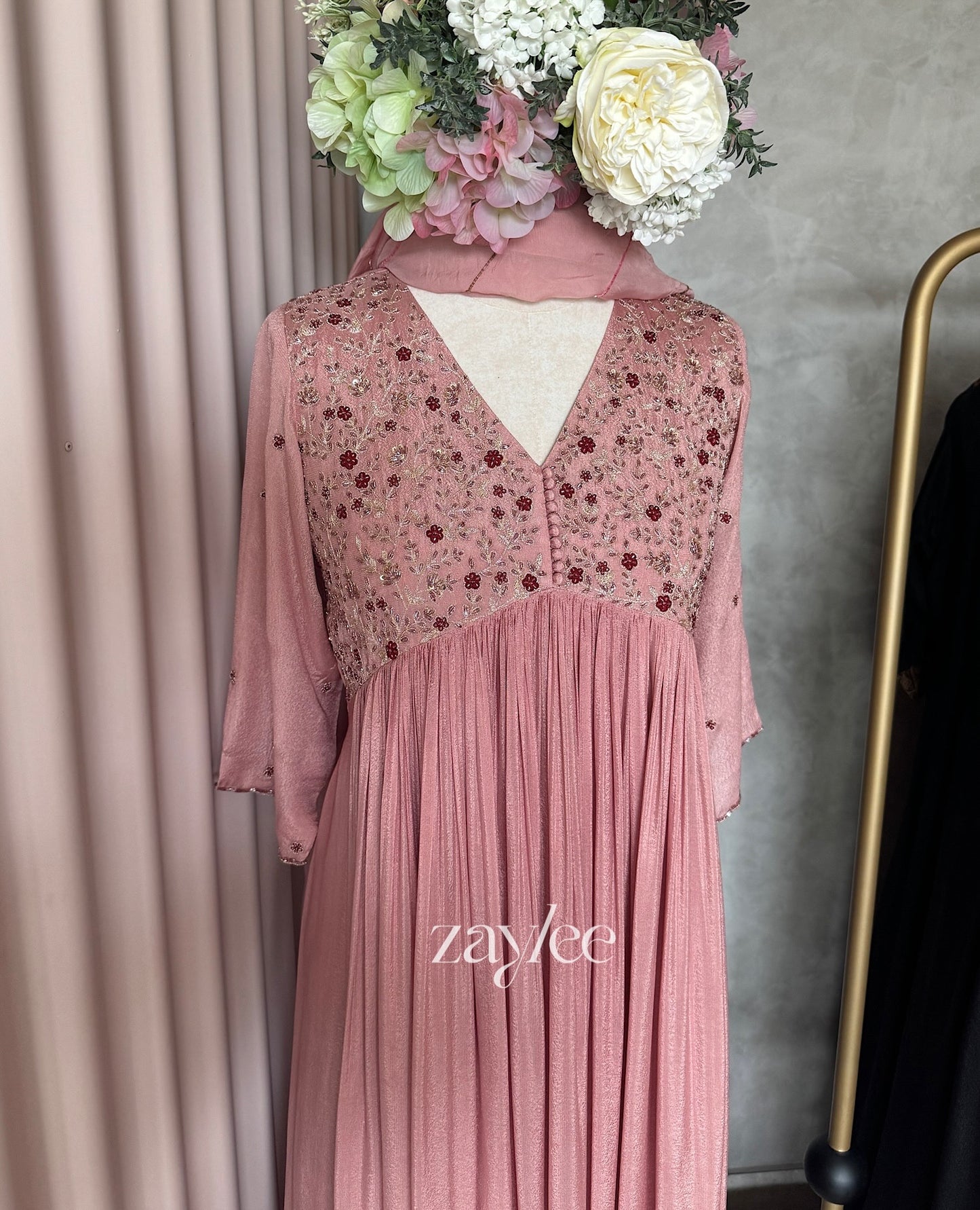 Dusty Rose Embellished Gathered Kurta