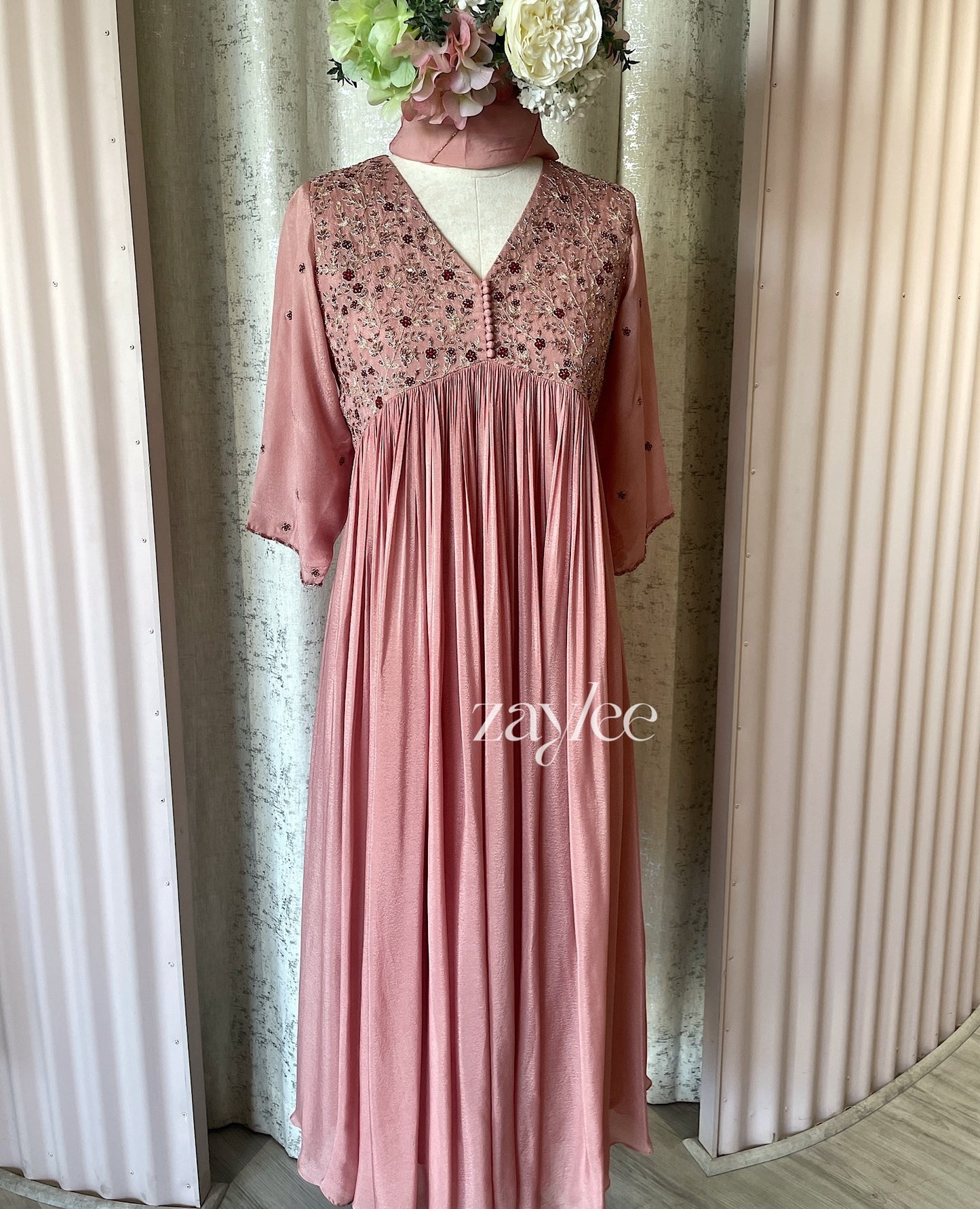 Dusty Rose Embellished Gathered Kurta