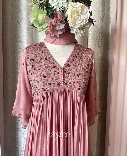 Dusty Rose Embellished Gathered Kurta