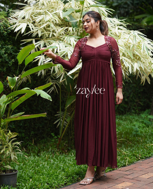 Mahogany Brown Pleated Gown