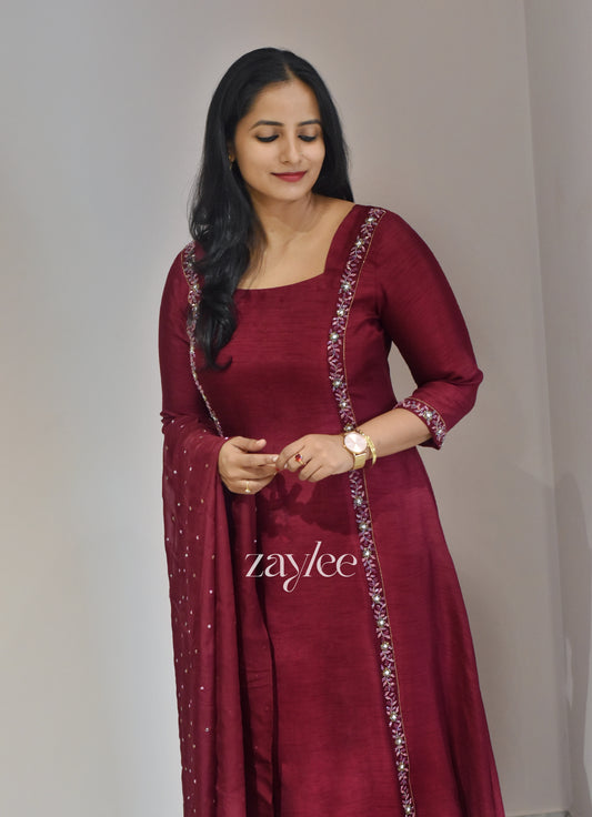 Beet-Red Silk Kurta With Handwork