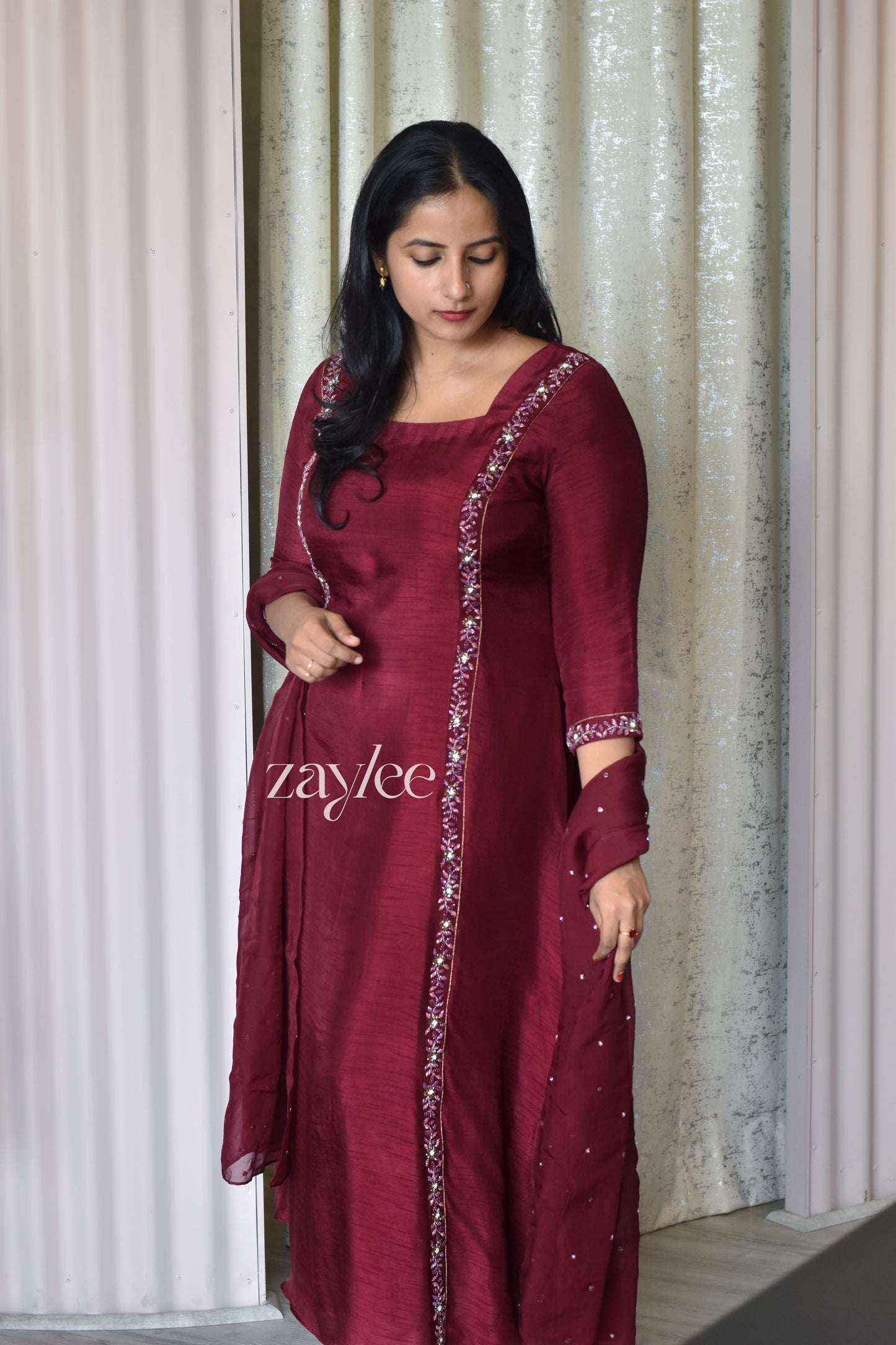 Beet-Red Silk Kurta With Handwork