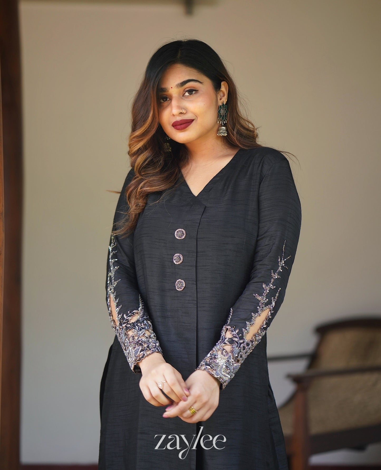 Black Silk Embellished Kurta