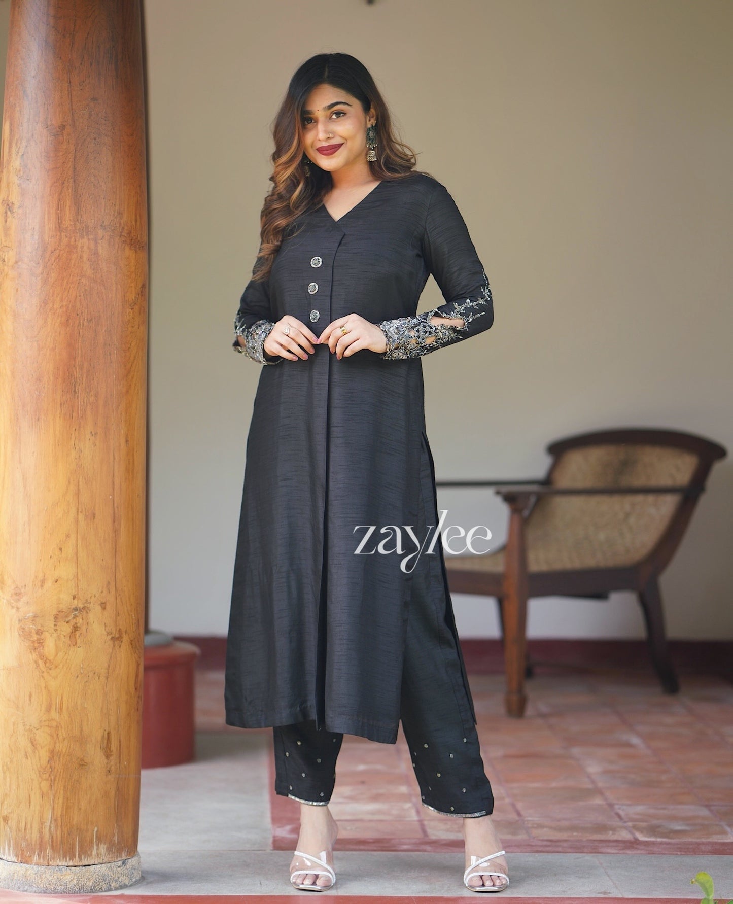 Black Silk Embellished Kurta