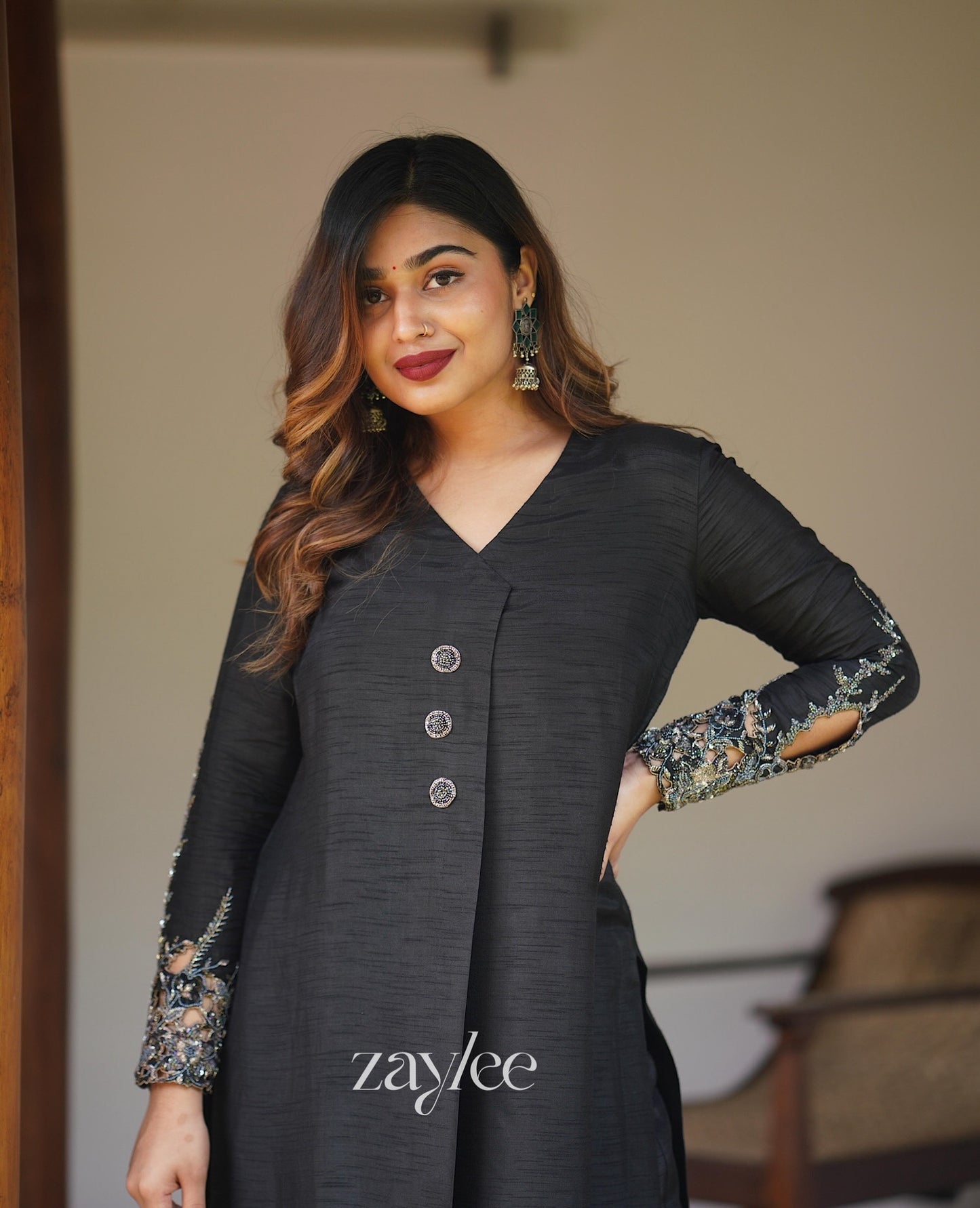 Black Silk Embellished Kurta