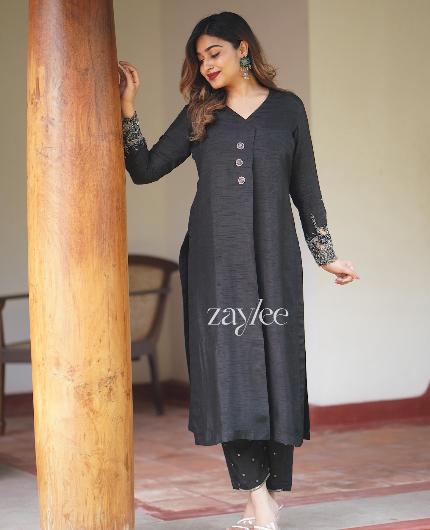 Black Silk Embellished Kurta