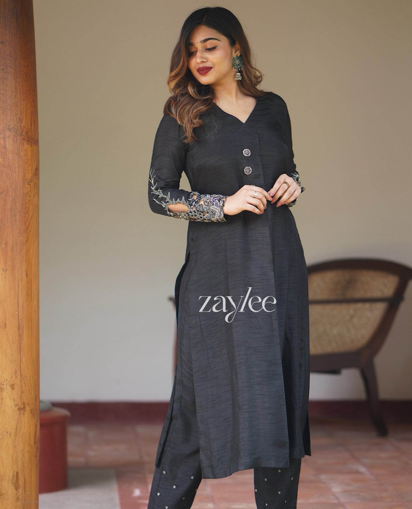 Black Silk Embellished Kurta