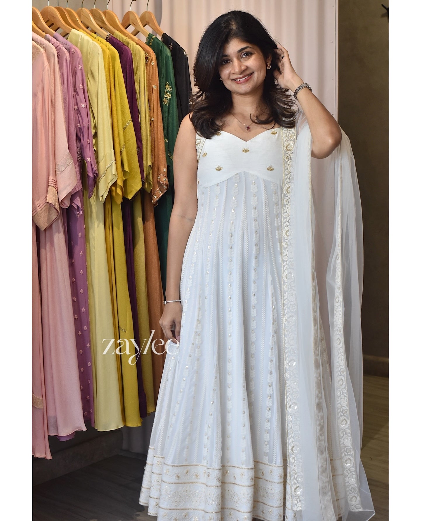 Off White Chikankari Panel Anarkali & Net dupatta