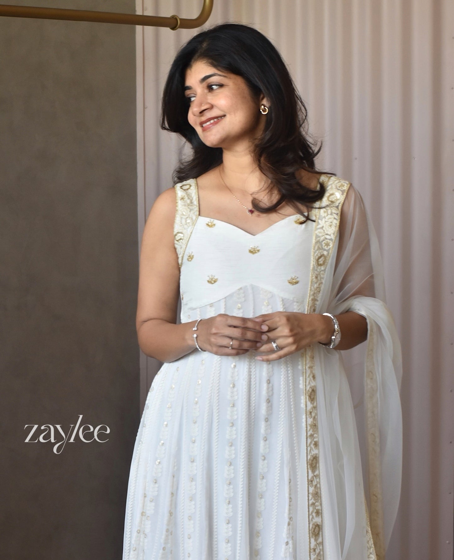 Off White Chikankari Panel Anarkali & Net dupatta