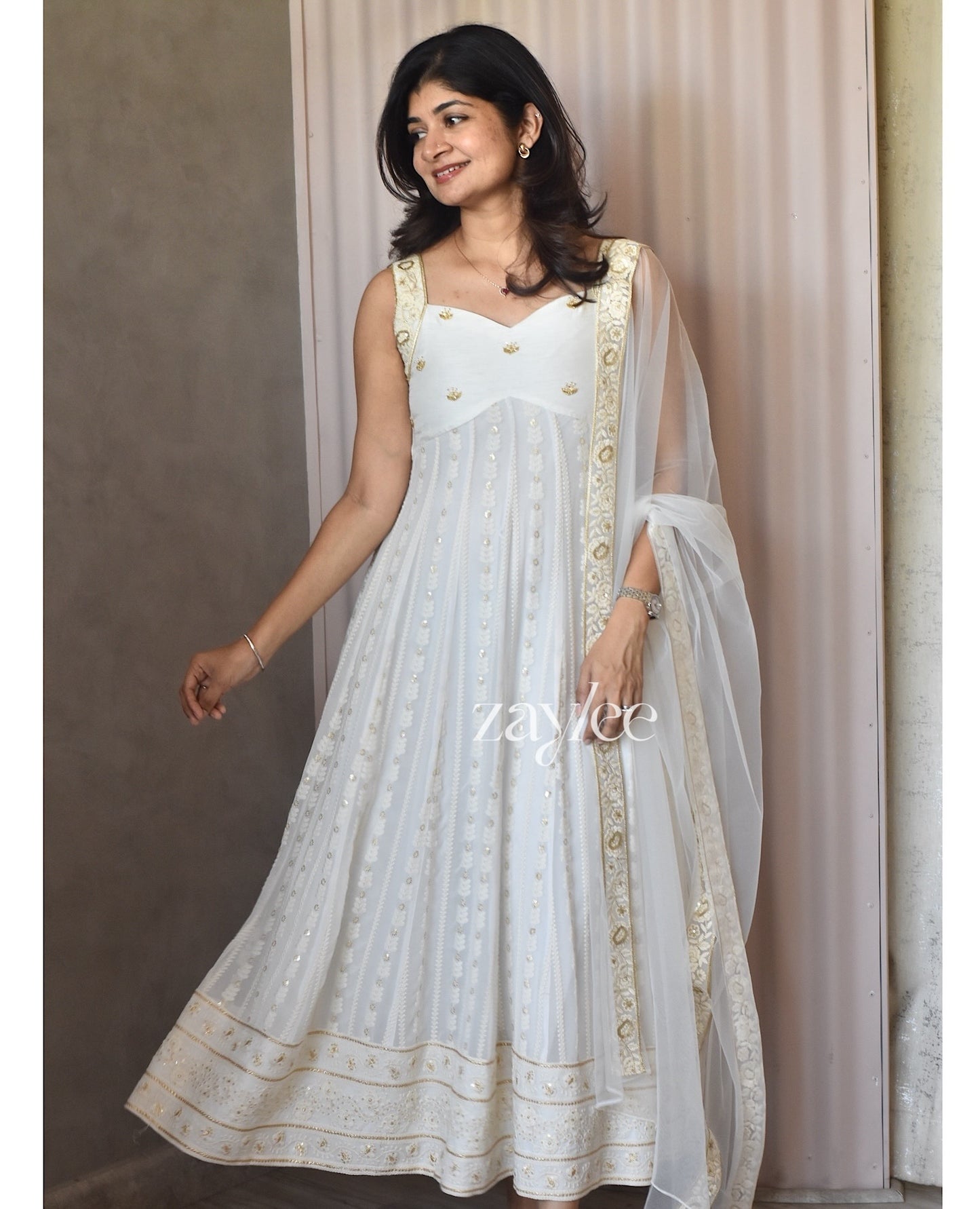 Off White Chikankari Panel Anarkali & Net dupatta