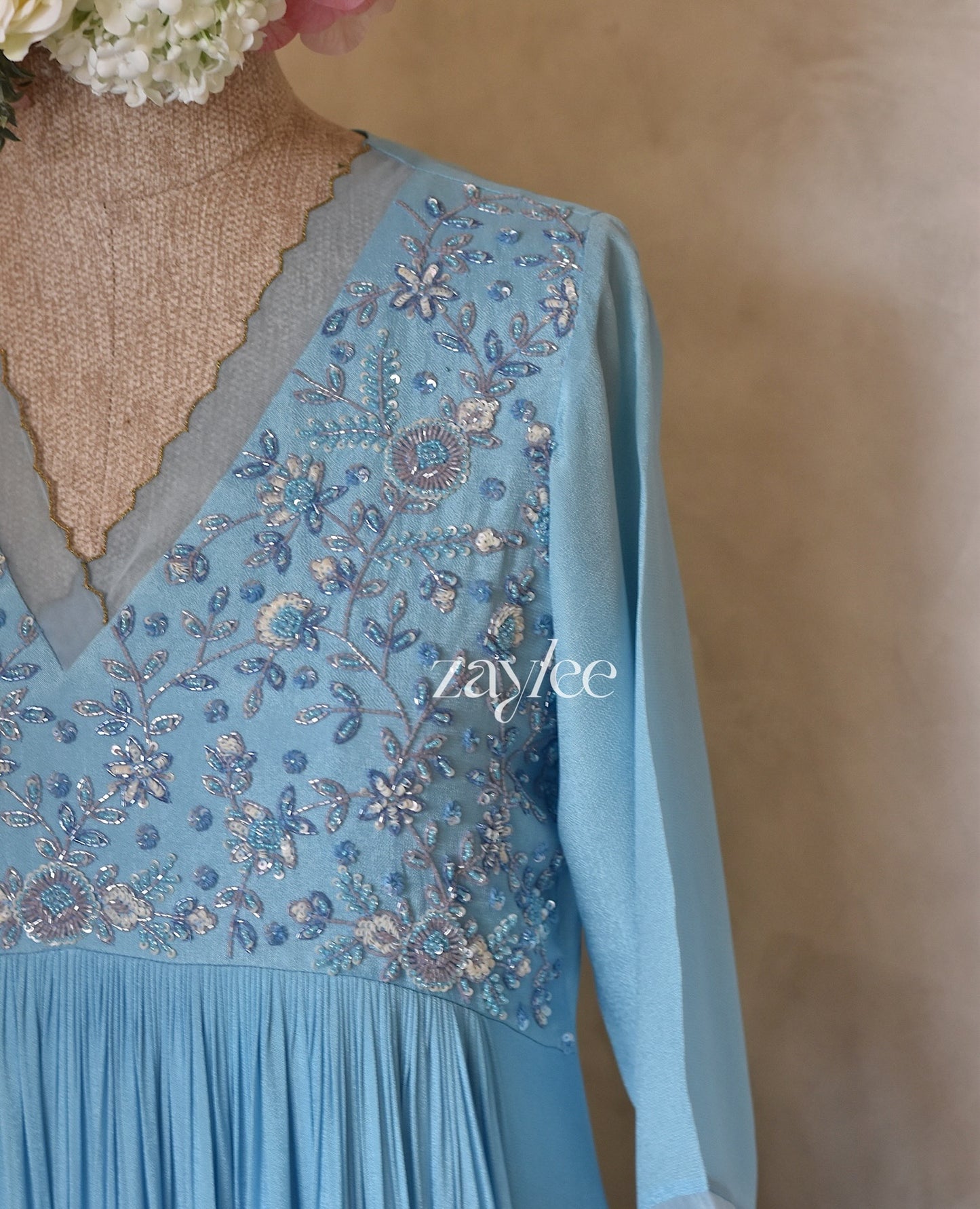 Blue Embellished Pearl Work Kurta