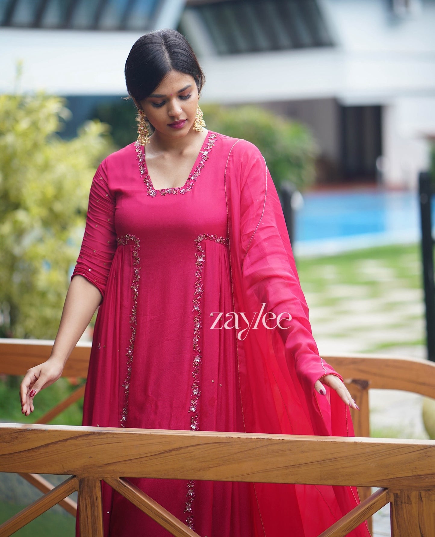 Rani Pink embellished Side Gathered Kurta