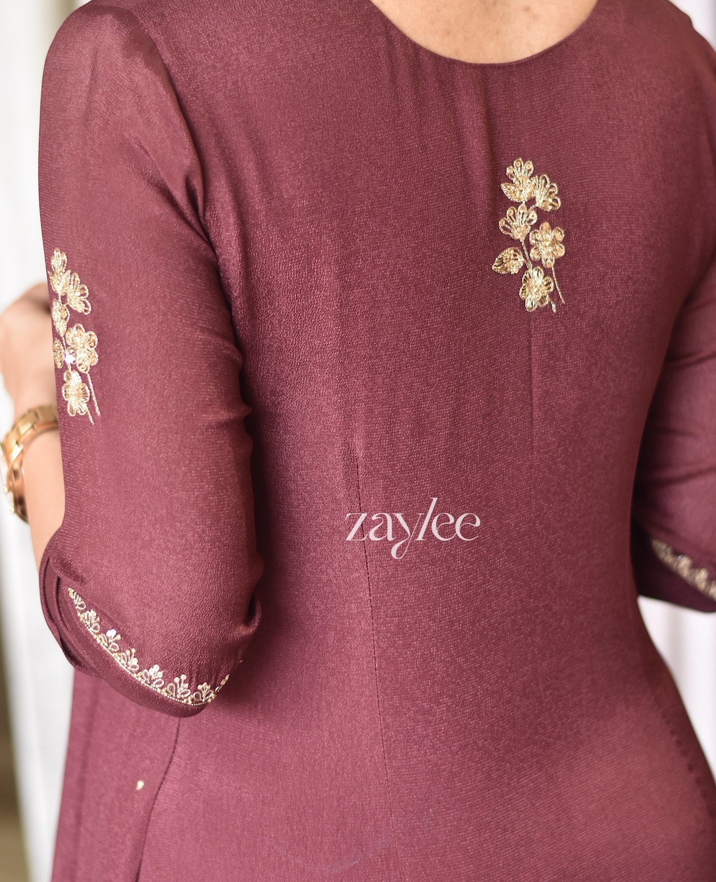 Deep Brown Gathered Kurta with Scalloped Neckline