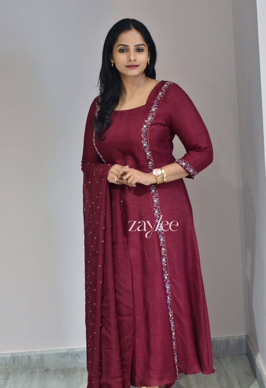 Beet-Red Silk Kurta With Handwork